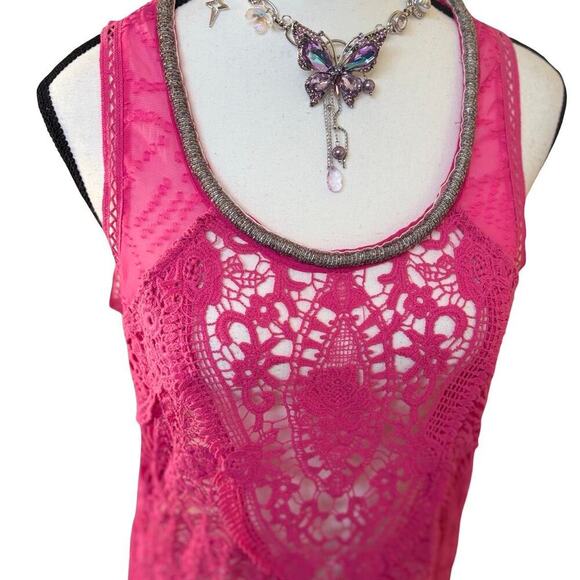 Y2K VTG. MISS ME PINK LACE CROCHET SHEER BEADED TOP BLOUSE MEDIUM - Picture 4 of 8
